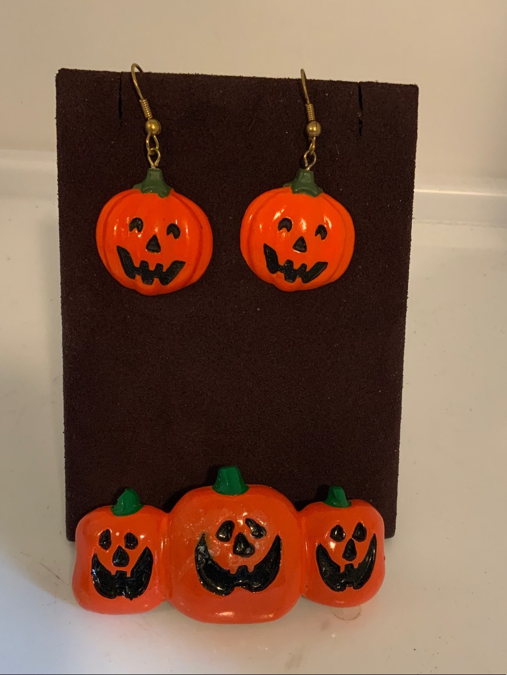 Kids Pumpkin Earring and Brooch Set - Orange